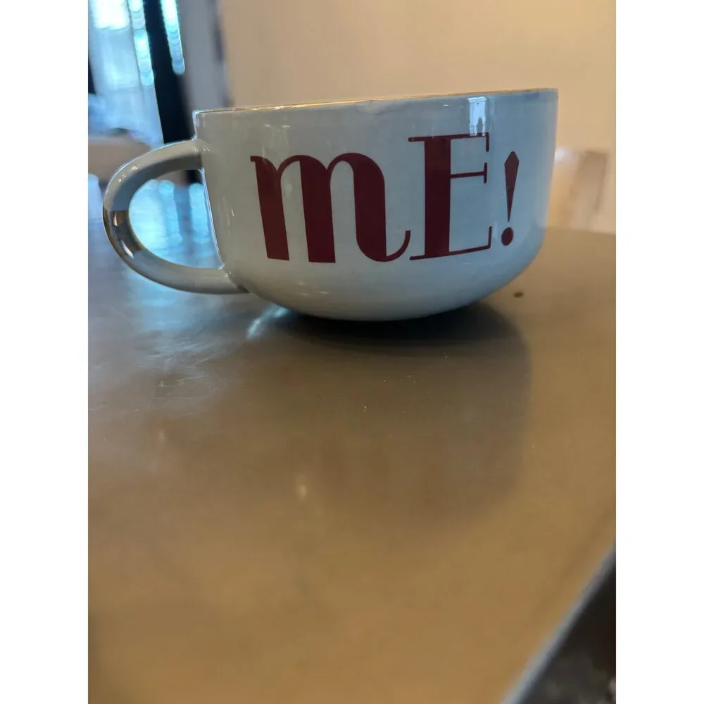 Anthropology Light blue and brown “mE!” mug